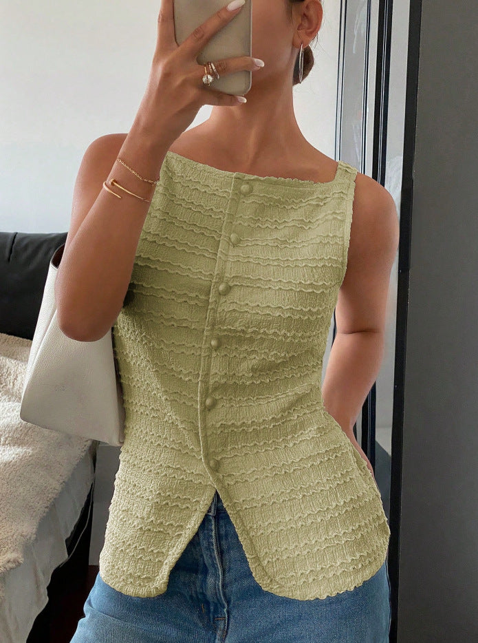 Elegant Single Breasted round Neck Sleeveless Slim Vest Solid Color Women Top