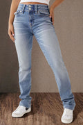 Spring Double Button Mid Waist Straight Jeans Women Slim Trousers