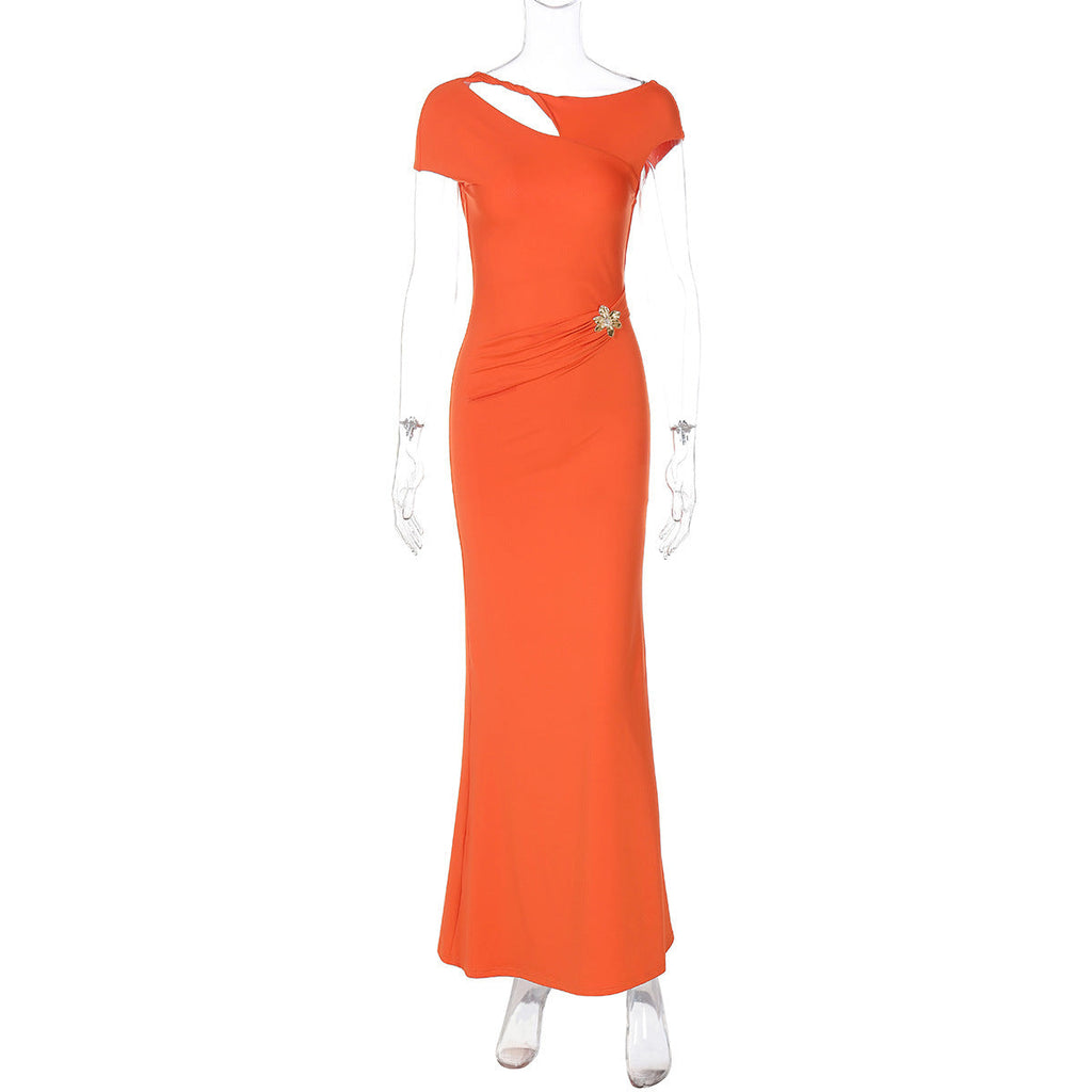 Women Spring Summer Sexy Backless Waist Trimming Solid Color Short Sleeve Dress