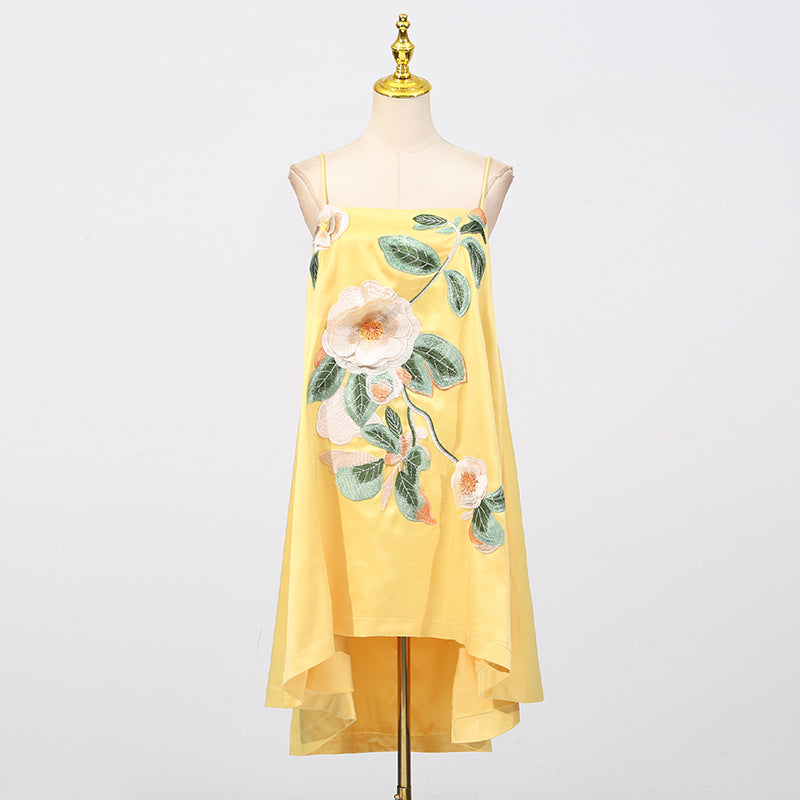 Chinese Retro Peony Embroidered Floral Suspender Slimming Short Women Clothing Loose Slimming Dress