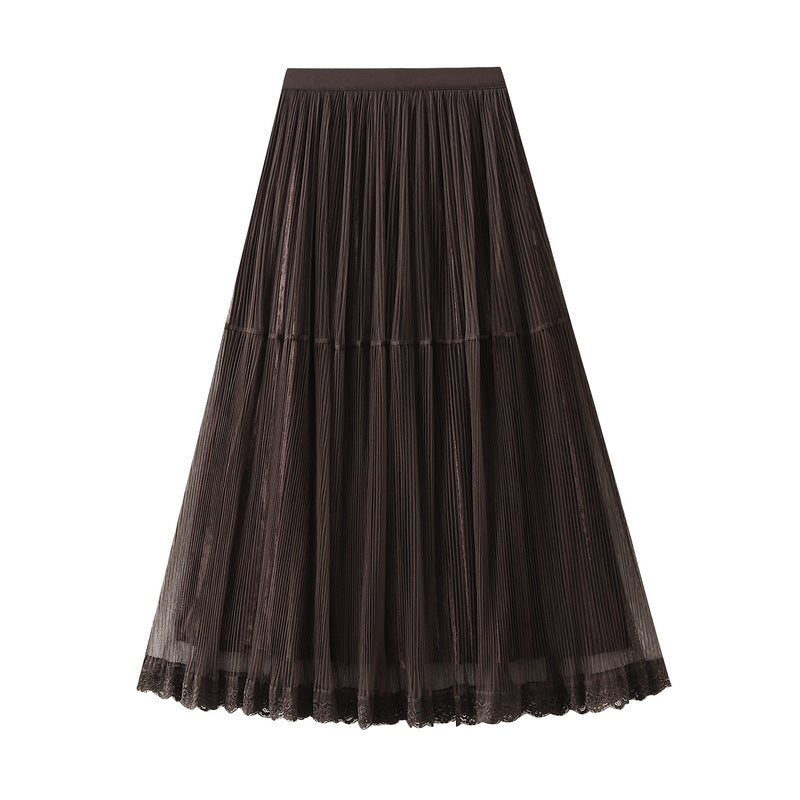 Elegant Draping Mesh Velvet Pleated Skirt for Women High Waist Slimming Long Skirt