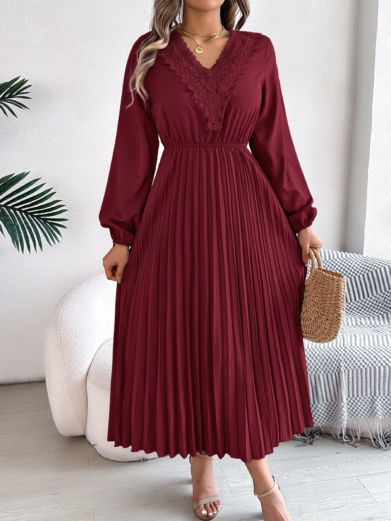 Spring Summer Elegant V neck Lace Cinched Pleated Maxi Dress Women Clothing