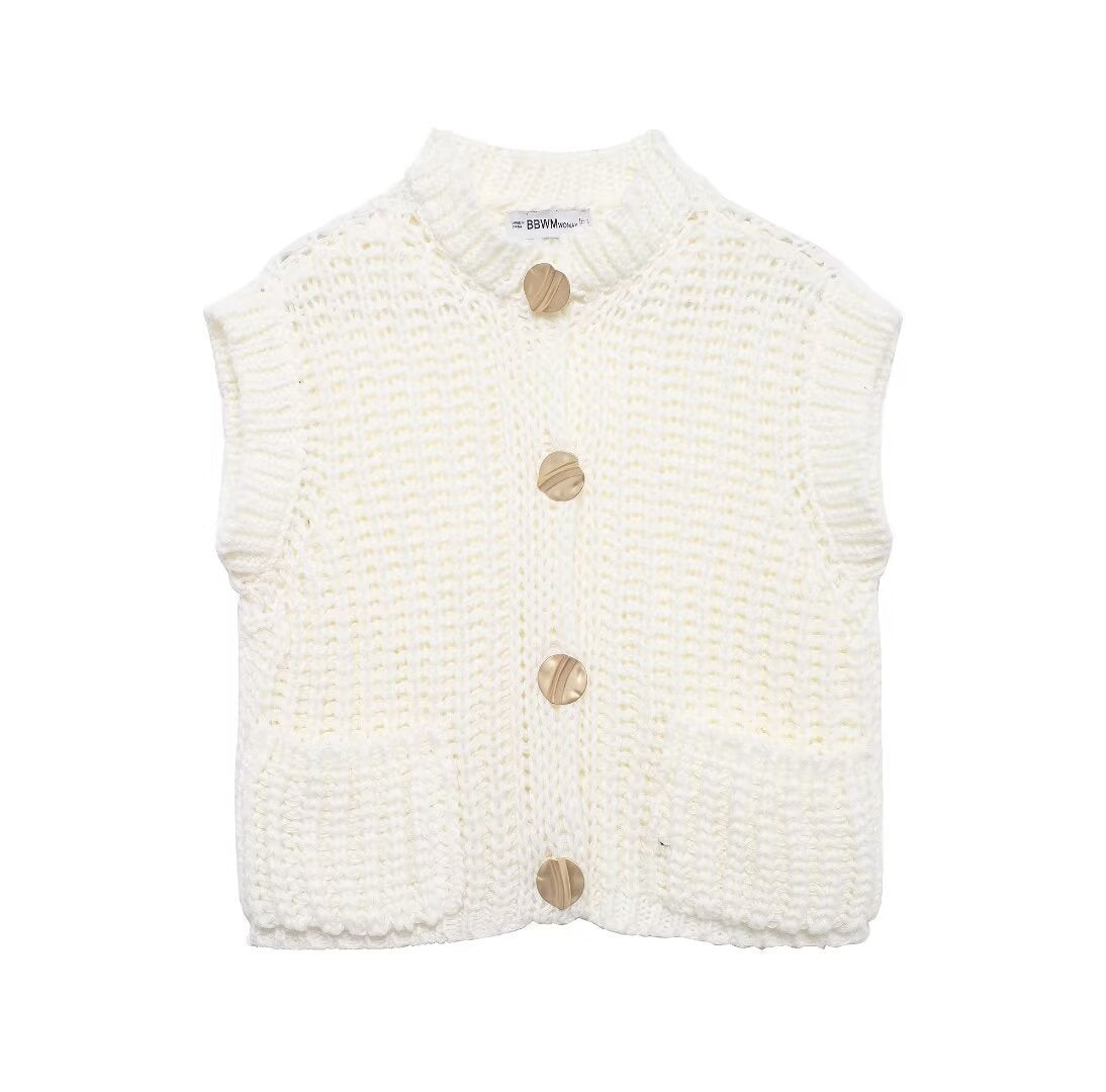 Sweater Spring Festival Stickers Bags Gold Button Thick Knitted Short Women Cardigan Vest