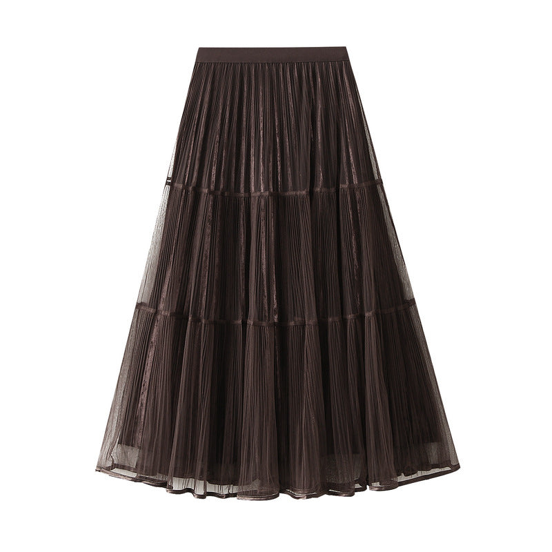 Stitching Pleated Mesh Velvet Skirt Women Autumn Winter High Waist Slimming A line Skirt Mid Length