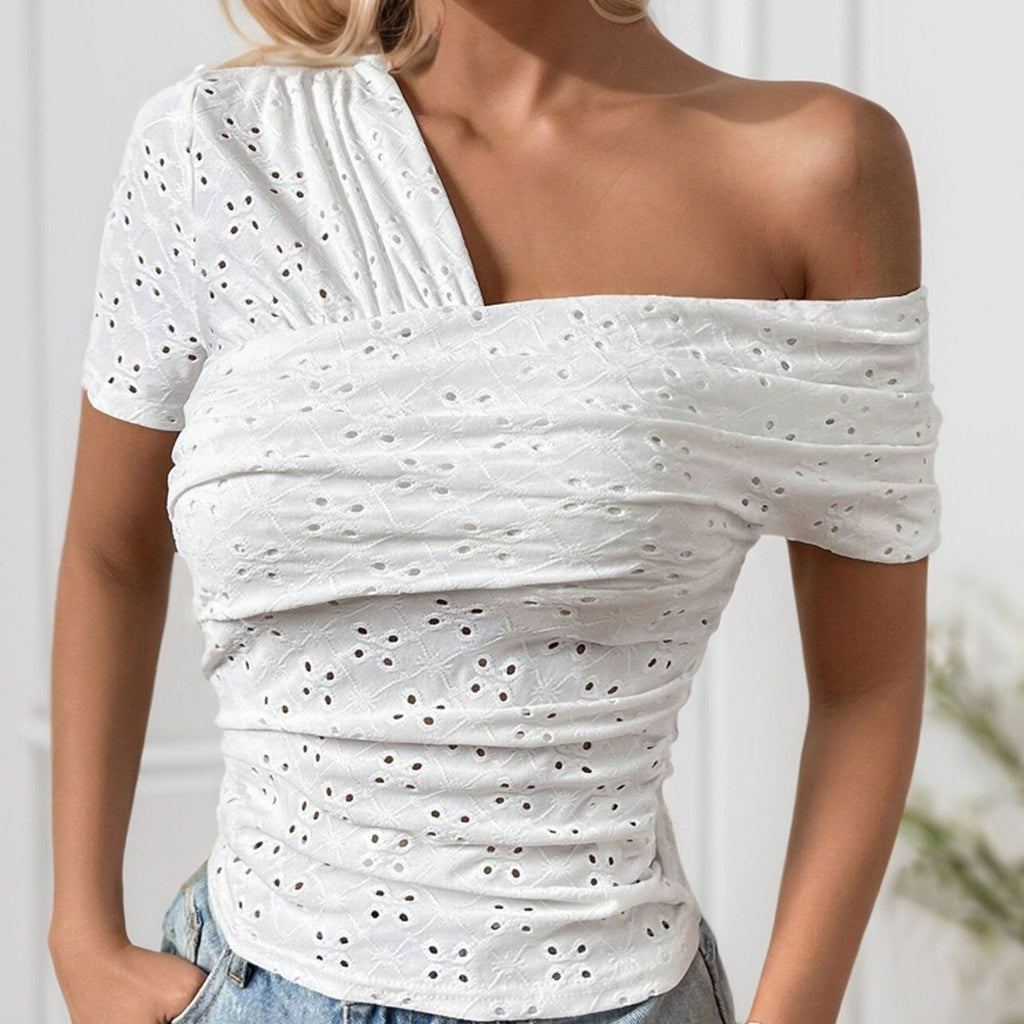 Collar Short-Sleeved Women T shirt Hollow Out Cutout Sexy Shoulder Slim High Waist Polka Dot Women Top