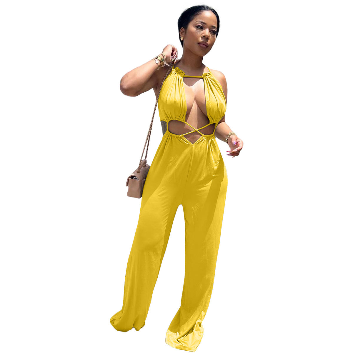 Sexy Irregular Asymmetric Lace up Wrapped Chest Loose Wide Leg Jumpsuit