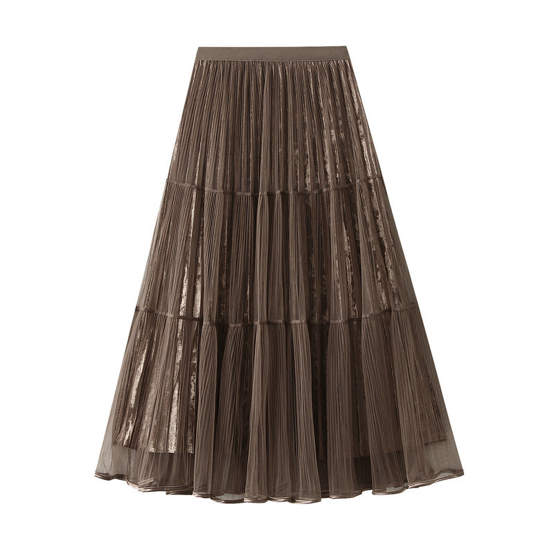 Stitching Pleated Mesh Velvet Skirt Women Autumn Winter High Waist Slimming A line Skirt Mid Length