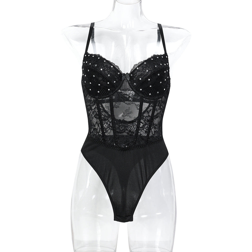 Black Heavy Embroidery Drilling Hand Wear Plastic Bones Shaping Body Shaping Double Layer Chest Cup Lace Jumpsuit Can Be Worn Alone