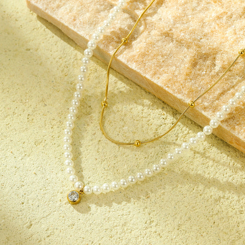 All Match Pearl Double Chain Inlaid Zircon Titanium Steel Necklace 18K Stainless Steel Clavicle Chain Accessories