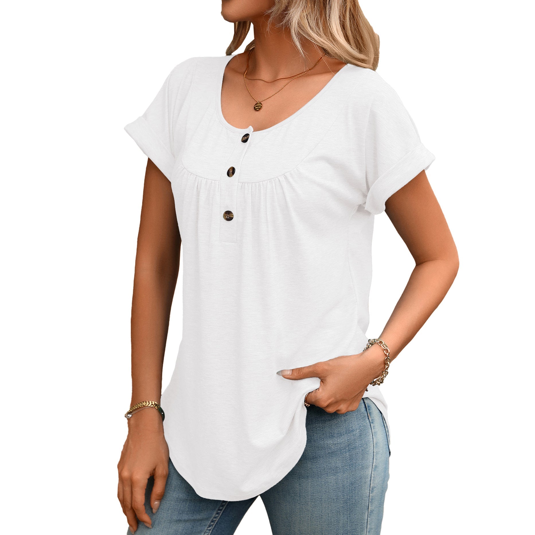 Summer Solid Color round Neck Button Loose Short Sleeve T shirt Top Women