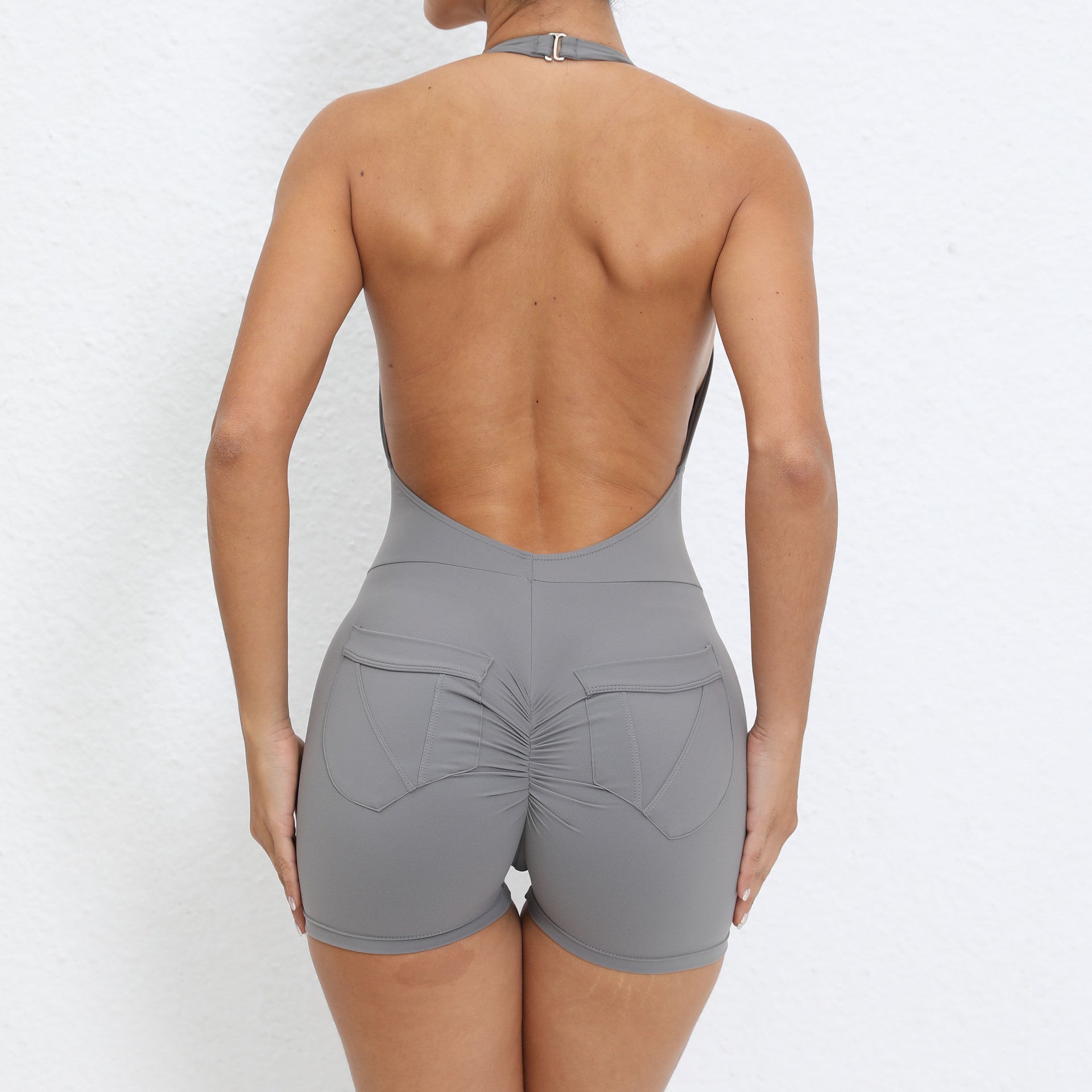 Halter Pocket Nude Feel Hip Lifting Beauty Back Yoga Jumpsuit Women Backless Fitness Sports Tight Jumpsuit