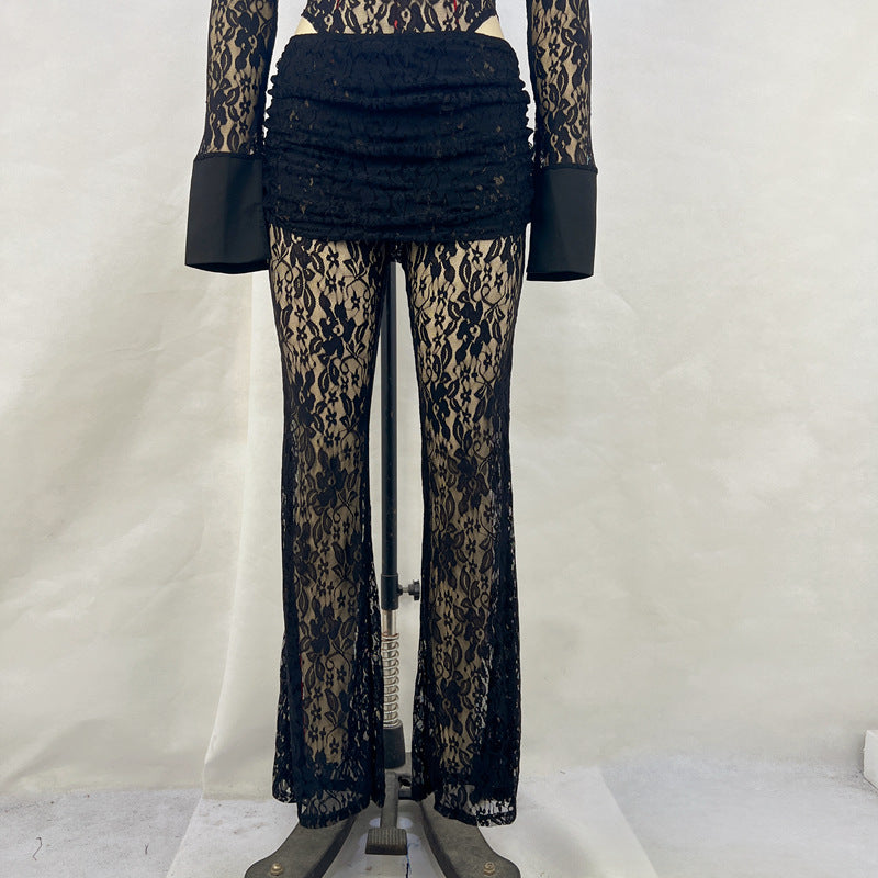 Sexy Lace Stitching Deep V Plunge Long Sleeve Top Slim Fit See through High Waist Flared Pants Women Sets