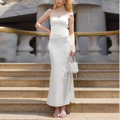 Elegant Satin Strap Dress Sexy Backless Lace up Slim Slimming Maxi Dress