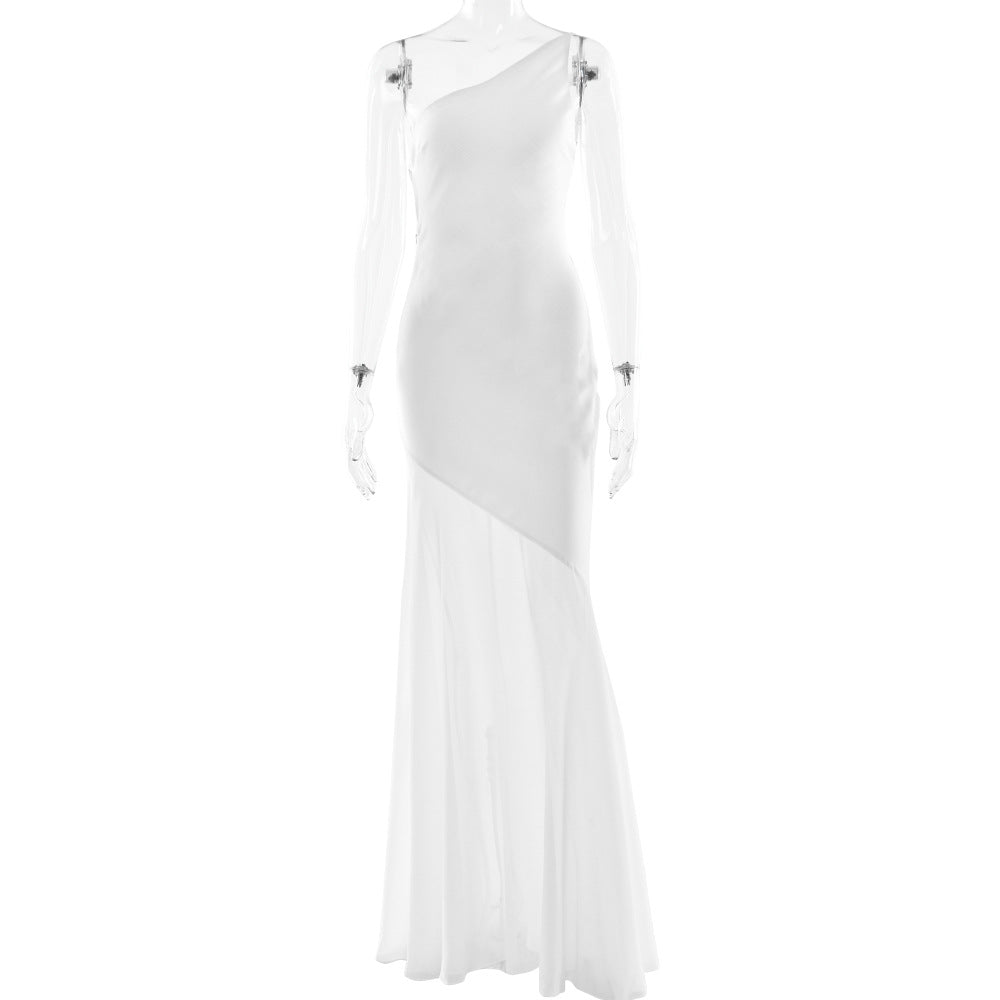 Summer Sloping Shoulder Backless Slim Fit Maxi Dress Sexy Solid Color Mesh Stitching Fishtail Dress