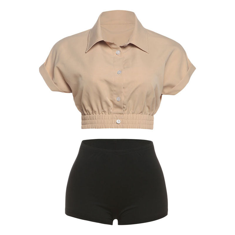Summer Women Curling Short Sleeve Waist Controlled Cropped Shirt Solid Color Slim Shorts Set