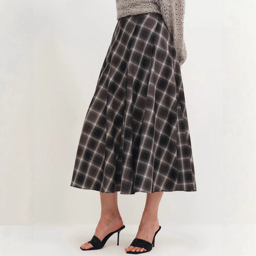 Autumn Winter Woolen Plaid Retro Long Skirt Tight Waist Slimming A line Skirt Large Swing Skirt