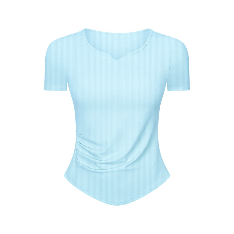 Stripe Rib Pleated Small V neck Sports Short Sleeve Women Fitness Running Slim Slimming Yoga Jacket
