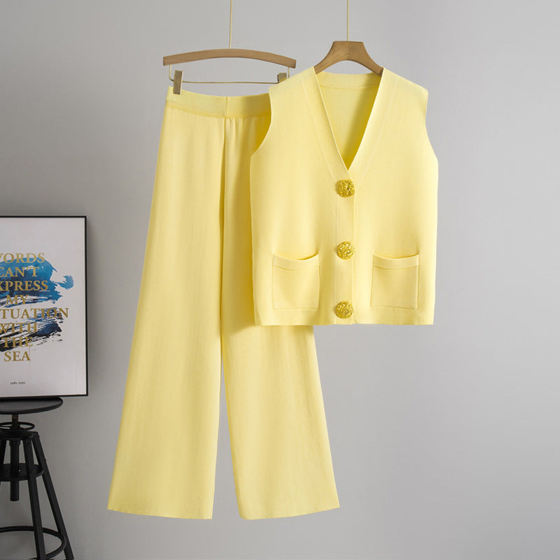 Summer Gold Button V neck Knitted Vest Casual Trousers Knitting Two Piece Sets