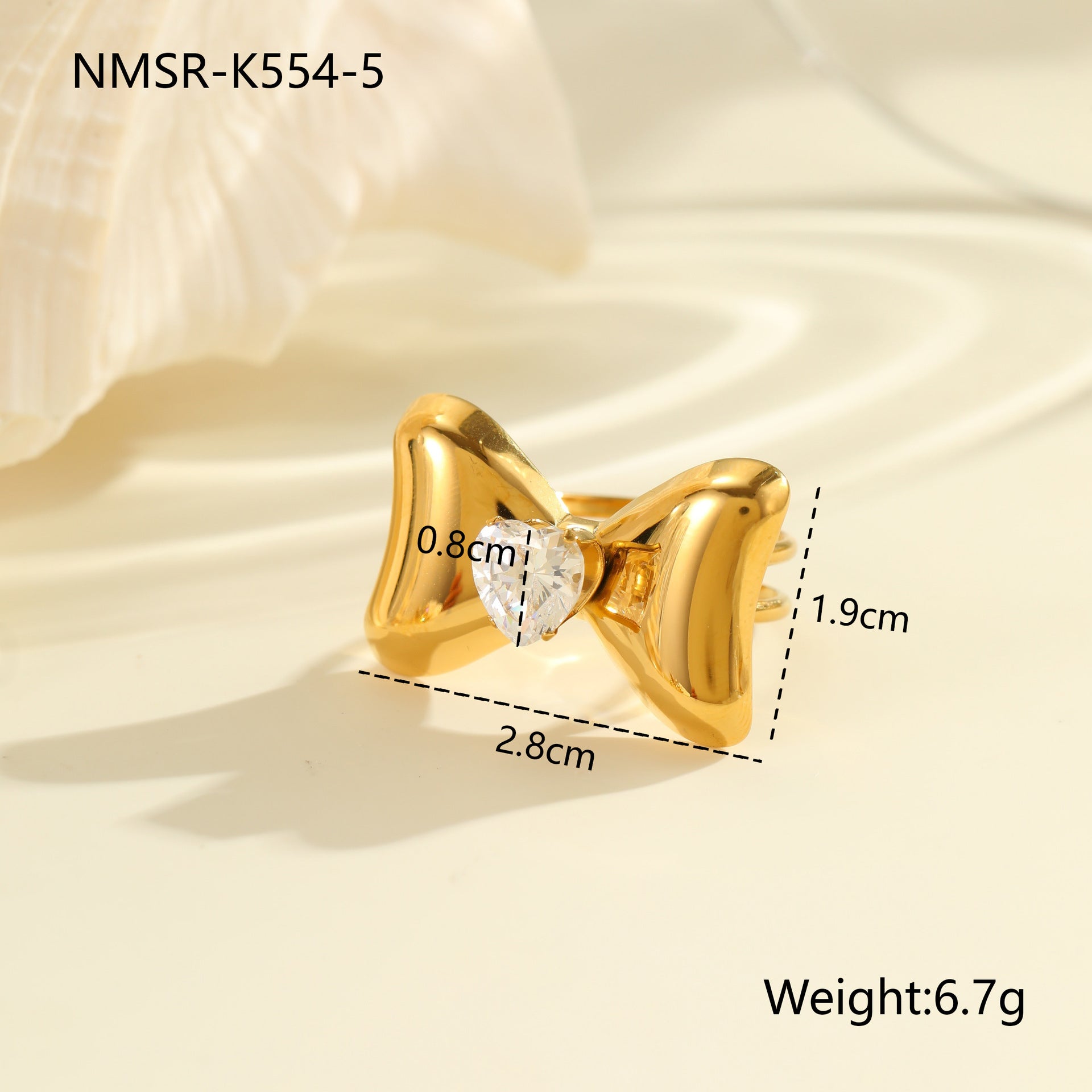 Bowknot Zircon Titanium Steel Ring 18K Gold Plating Open Ring Hand Jewelry