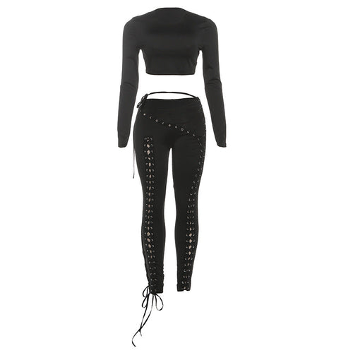 Autumn Winter Women Clothing Long Sleeve Top Sexy Cutout Tied Slim Fit Trousers Two Piece Sets