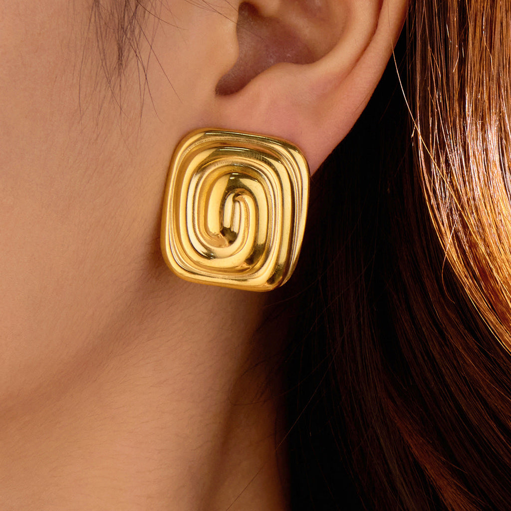 Gold Stainless Steel Rectangular Spiral Texture Titanium Steel Earrings Non Fading Stainless Steel Studs Women