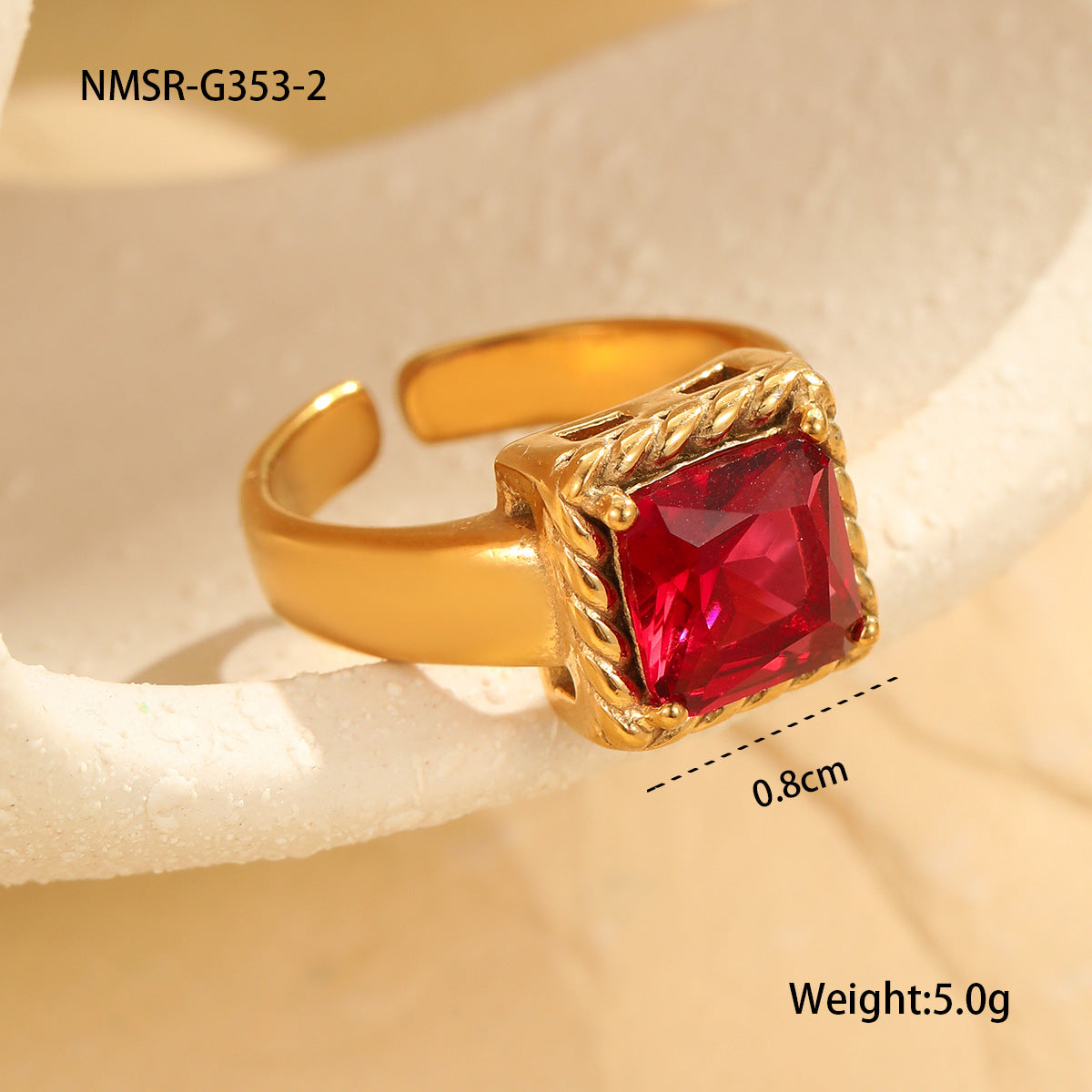 Entry Lux Color Square Open End Zircon Ring Stainless Steel 18K Gold Plating Vintage Modern Office Ring