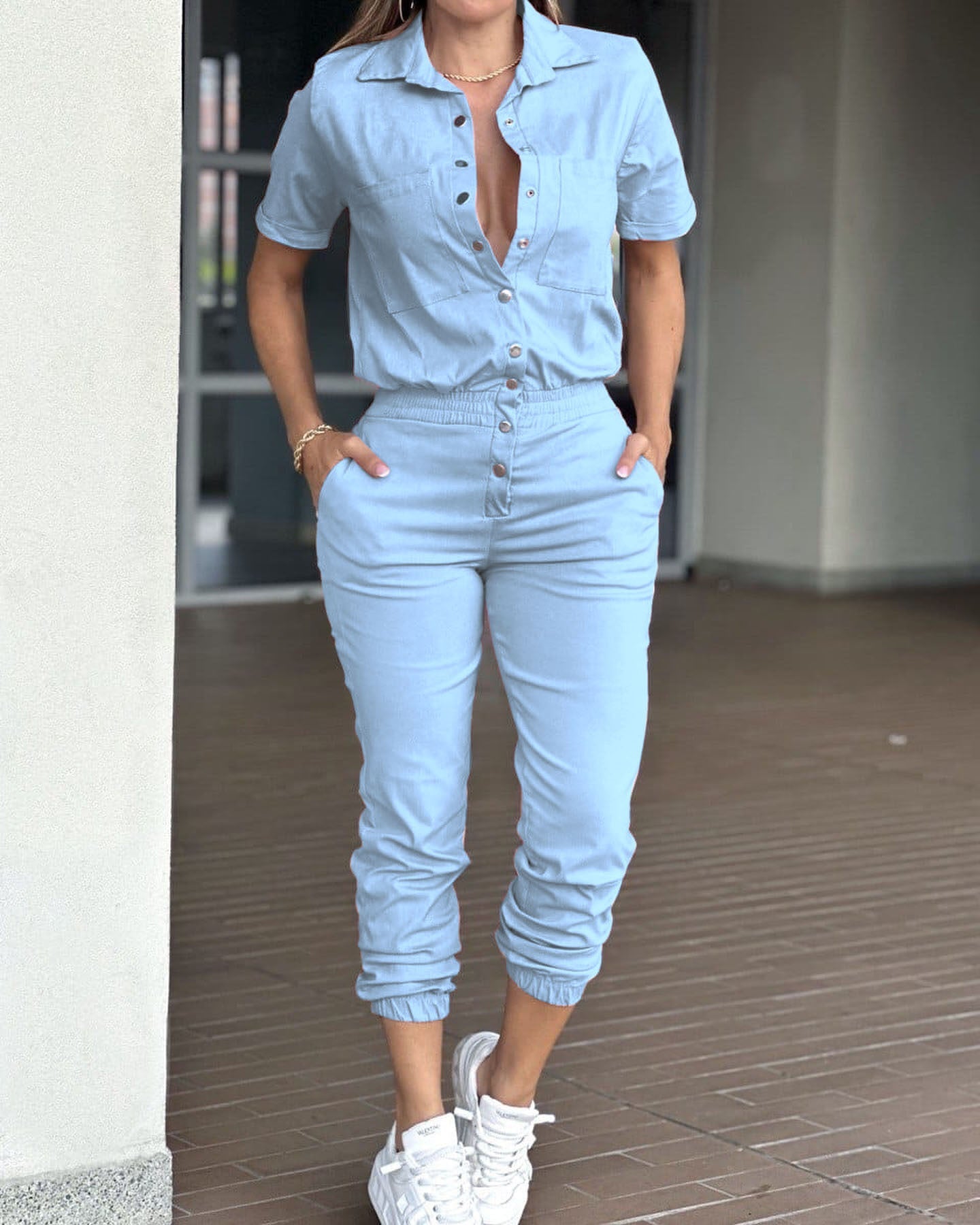 Casual Women Ankle Tied Jumpsuit Collared Pocket Waist Elastic Button Jumpsuit