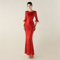 Positioning Floral Sequin Craft Order Ostrich Feather Decorative Evening Dress Long Sleeve Fishtail Cinched Peplum