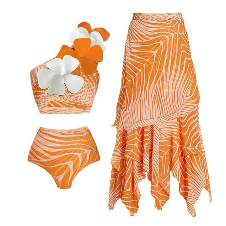 Retro Split Swimsuit Sexy One Shoulder Swimsuit Chiffon Beach Skirt Set for Vacation