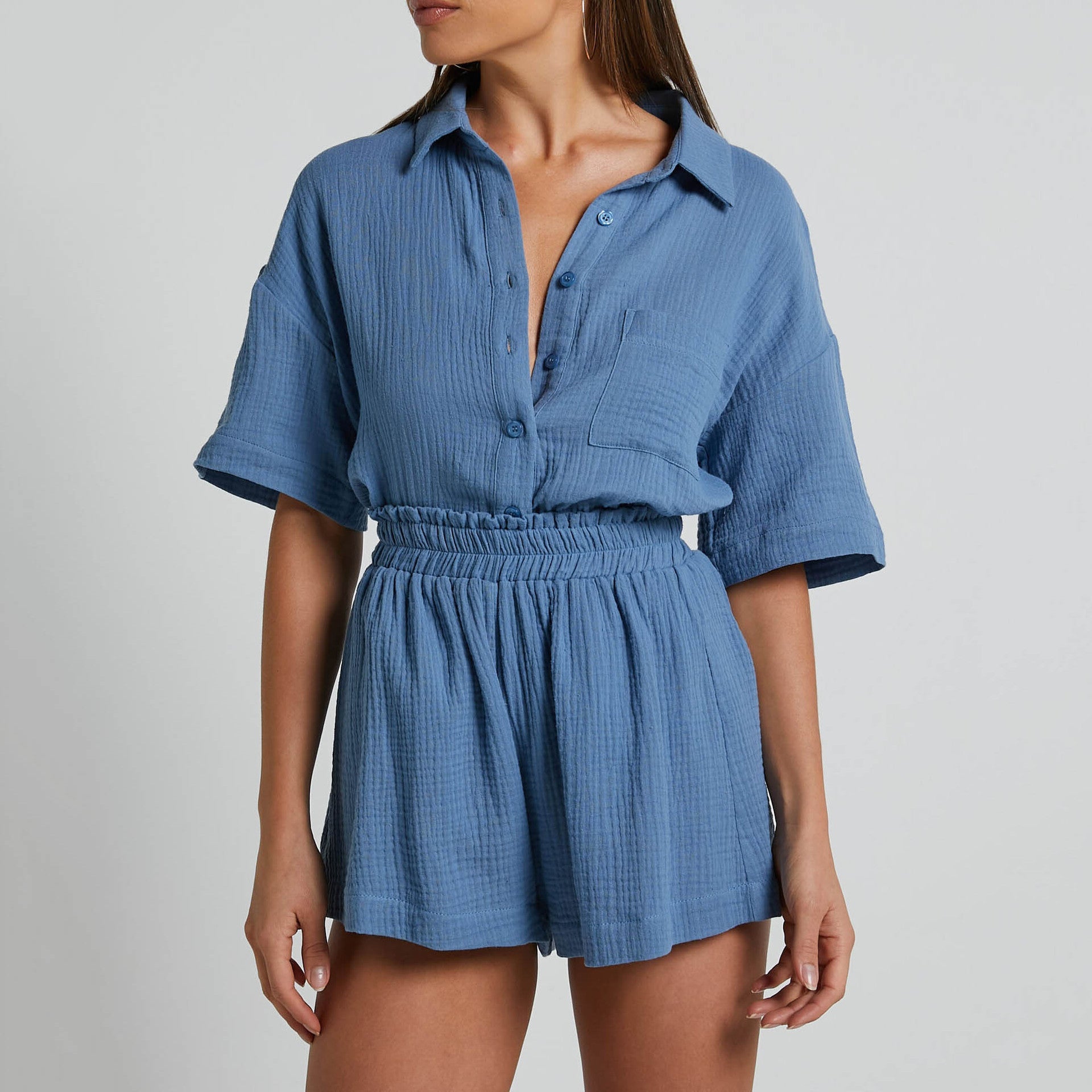 Solid Color Shirt Outfit Women Casual Loose Short Sleeves Single Breasted Women Clothing Spring Summer Shorts Two Piece Set