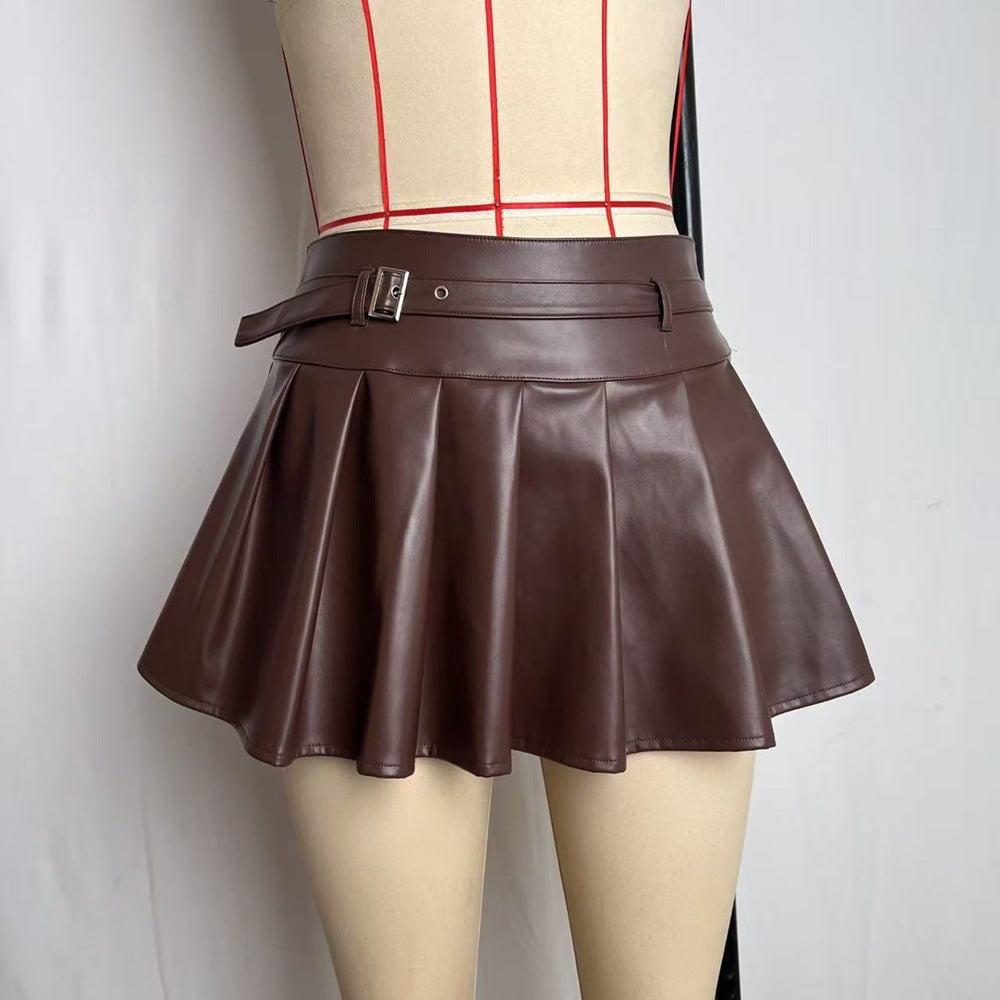 Preppy Pleated Skirt Women High Waist Faux Leather Skirt Exposure Proof Sexy Skirt