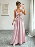 Casual Sleeveless Halter Fitted Waist Striped Color Matching Long Maxi Dress