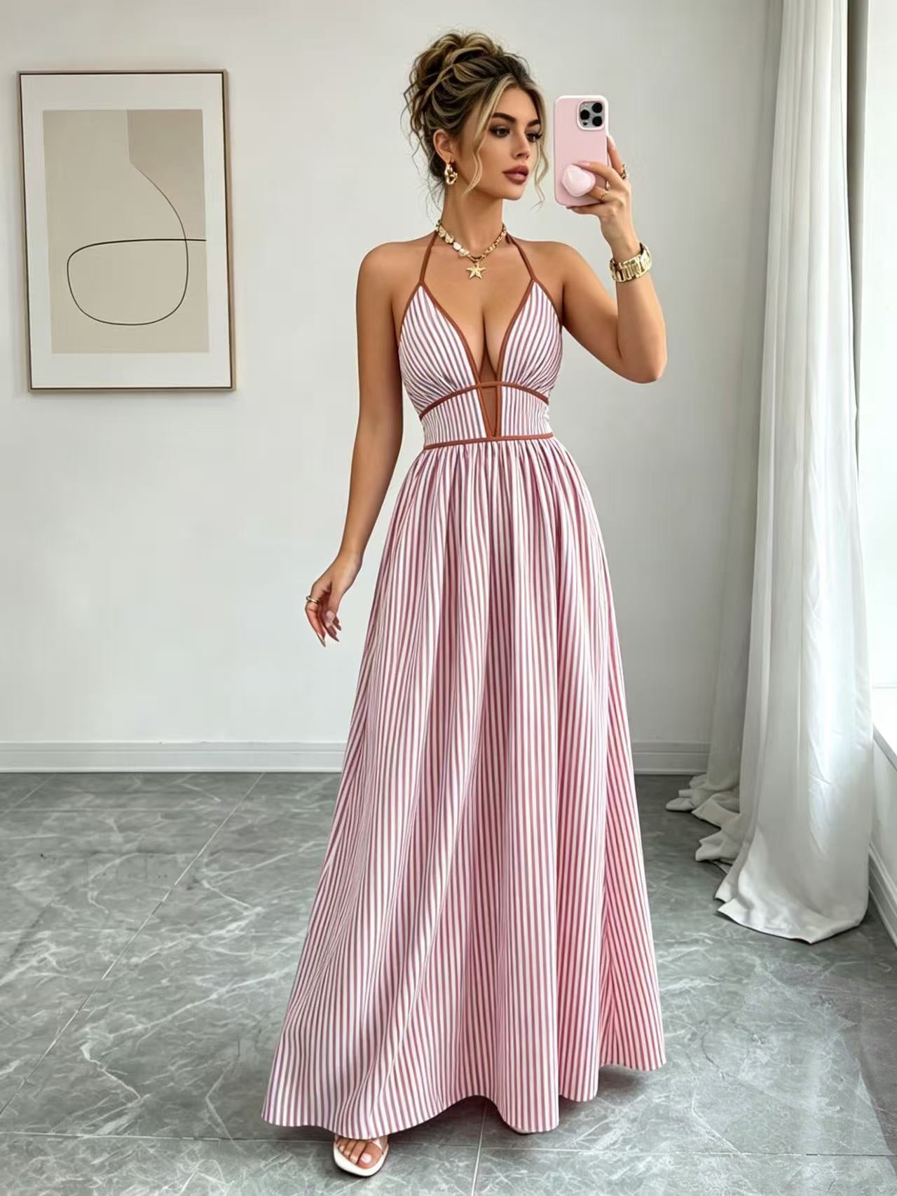 Casual Sleeveless Halter Fitted Waist Striped Color Matching Long Maxi Dress