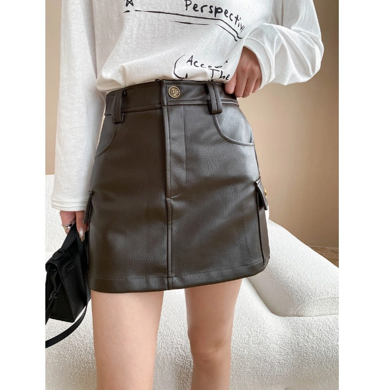 Sinan Early Autumn Retro Workwear Pocket Faux Leather Jacket Coat Skirt Set