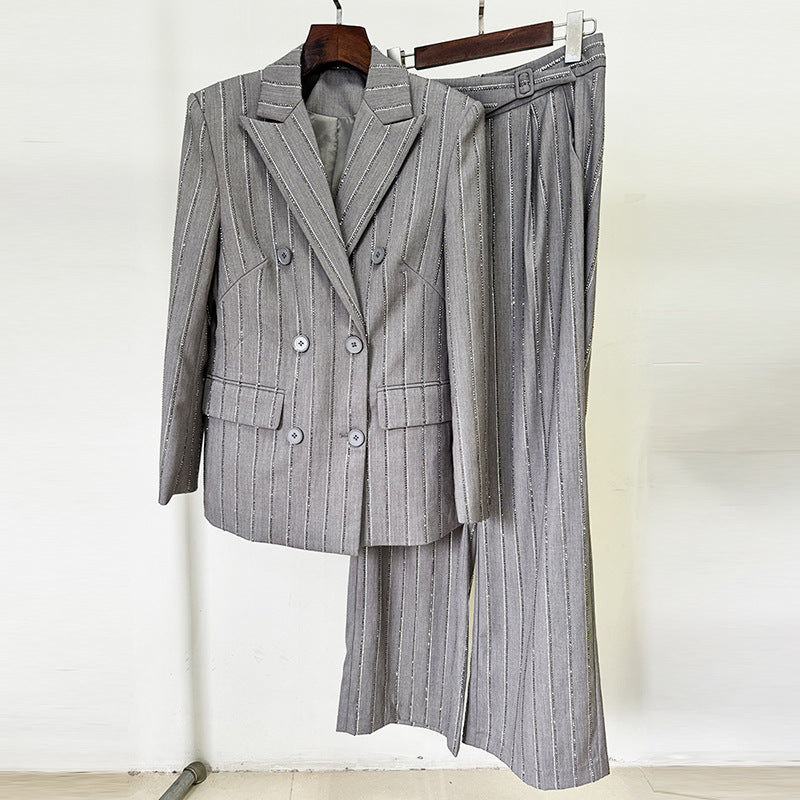 Spring Advanced Gray Heavy Embroidery Drilling Double Breasted Work Pant Two Piece Set