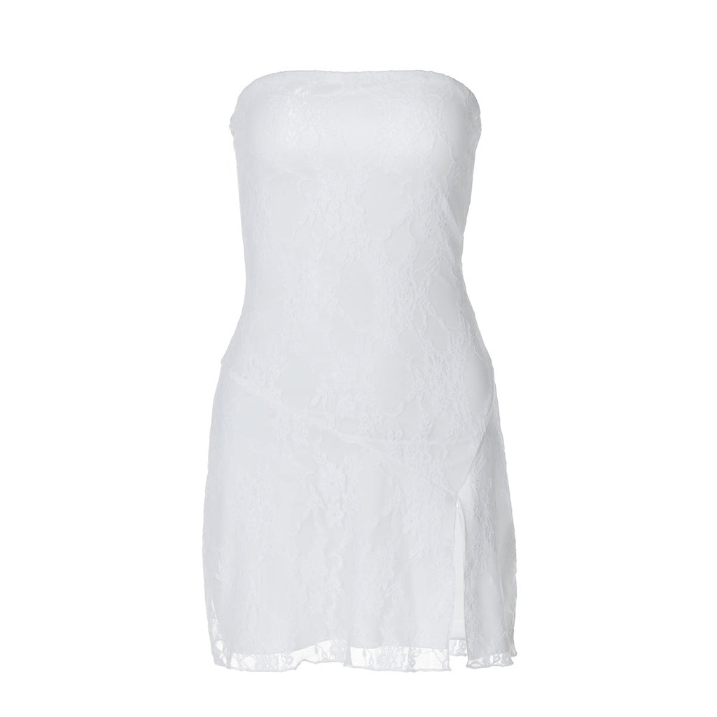 Women Tube Top Stitching Lace Slim Sexy Slit Short Dress