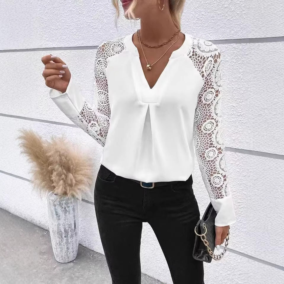 Stitching Embroidery Lace Sleeve Long Sleeve V neck Women Spring Summer Shirt Top