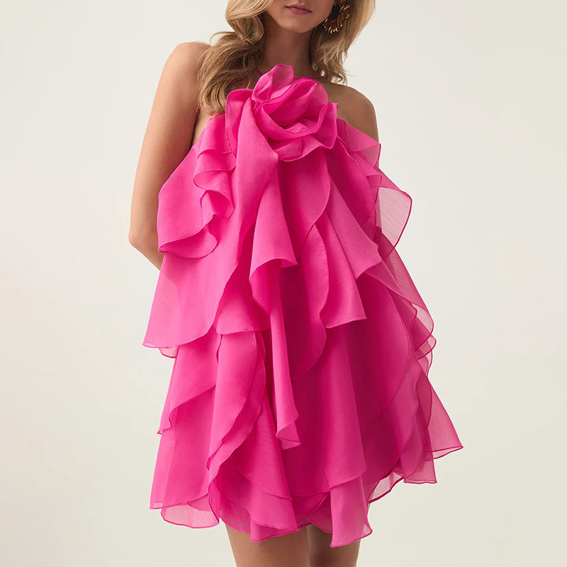 Elegant Sexy High Grade Short Dress Early Spring Halter Three Dimensional Floral Design Lace up Sleeveless Dress