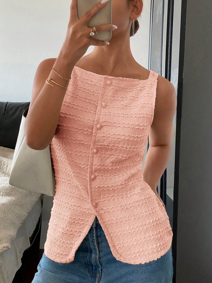 Elegant Single Breasted round Neck Sleeveless Slim Vest Solid Color Women Top