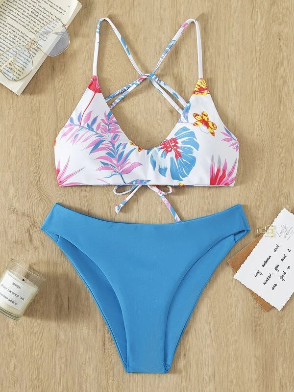 Bikini Swimsuit Criss Cross Split Floral Bikini U Shaped Decorative Swimming Tide Swimsuit