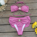 Halter Lace up Tube Top Solid Color Split Swimsuit Women High Waist Bikini Sexy Bikini