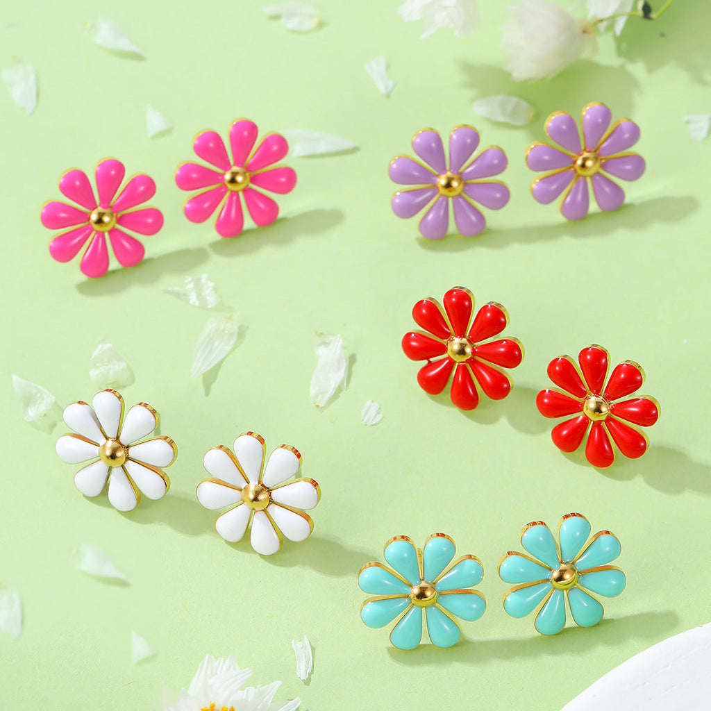Summer Fresh Little Daisy Drop Oil Titanium Steel Earrings Women Stainless Steel Studs Accessories