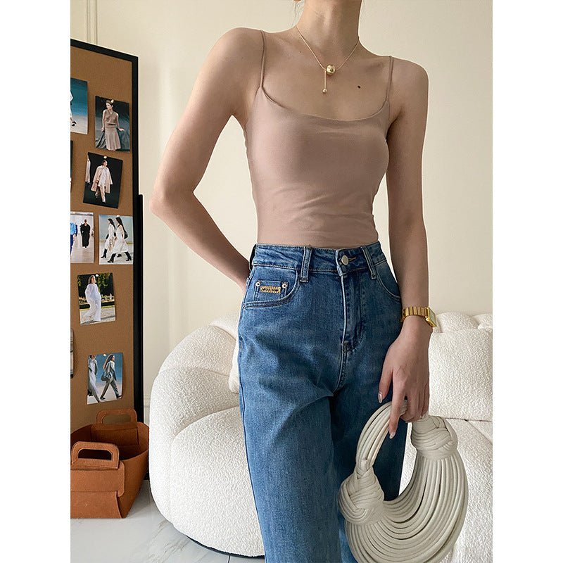Sinan French Spaghetti Strap Slim Fit off Neck Camisole with Chest Pad Beautiful Back Basic Summer