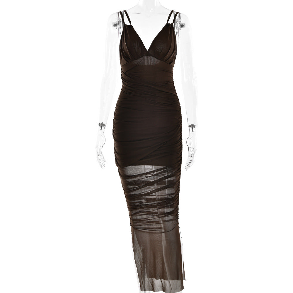 Suspender Deep V Plunge Sexy Dress Sexy Pleated Slim Mesh Dress