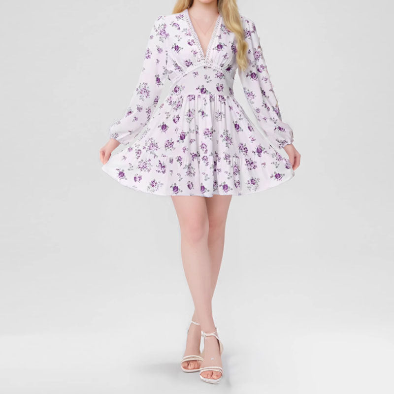Spring Women Clothing Sweet Elegance Printed V neck Lace Waist Trimming Short Dress