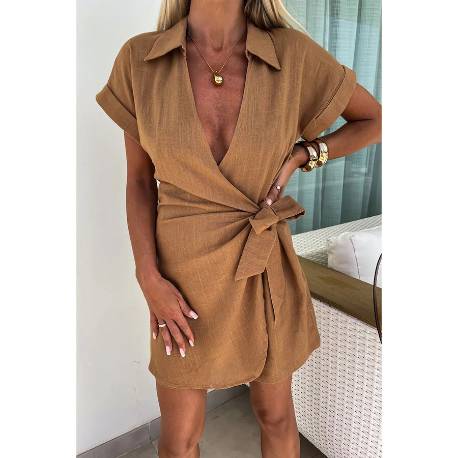 Spring Summer Lace up Turn down Collar Jumpsuit Casual Loose Vacation Jumpsuit