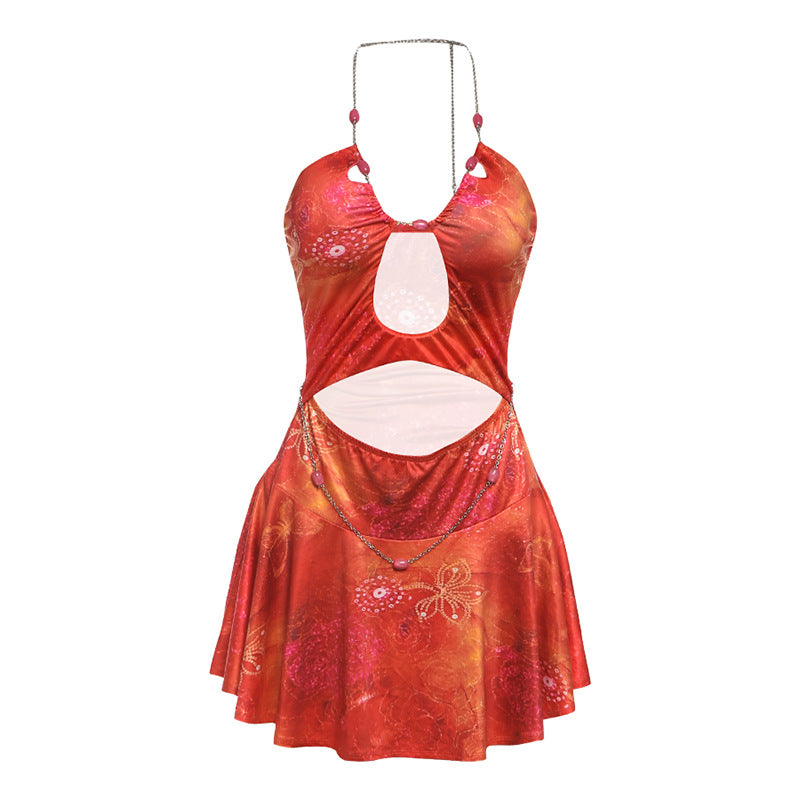 Summer Women Clothing Halter Bead Necklace Printed Short Sexy Vacation Dress