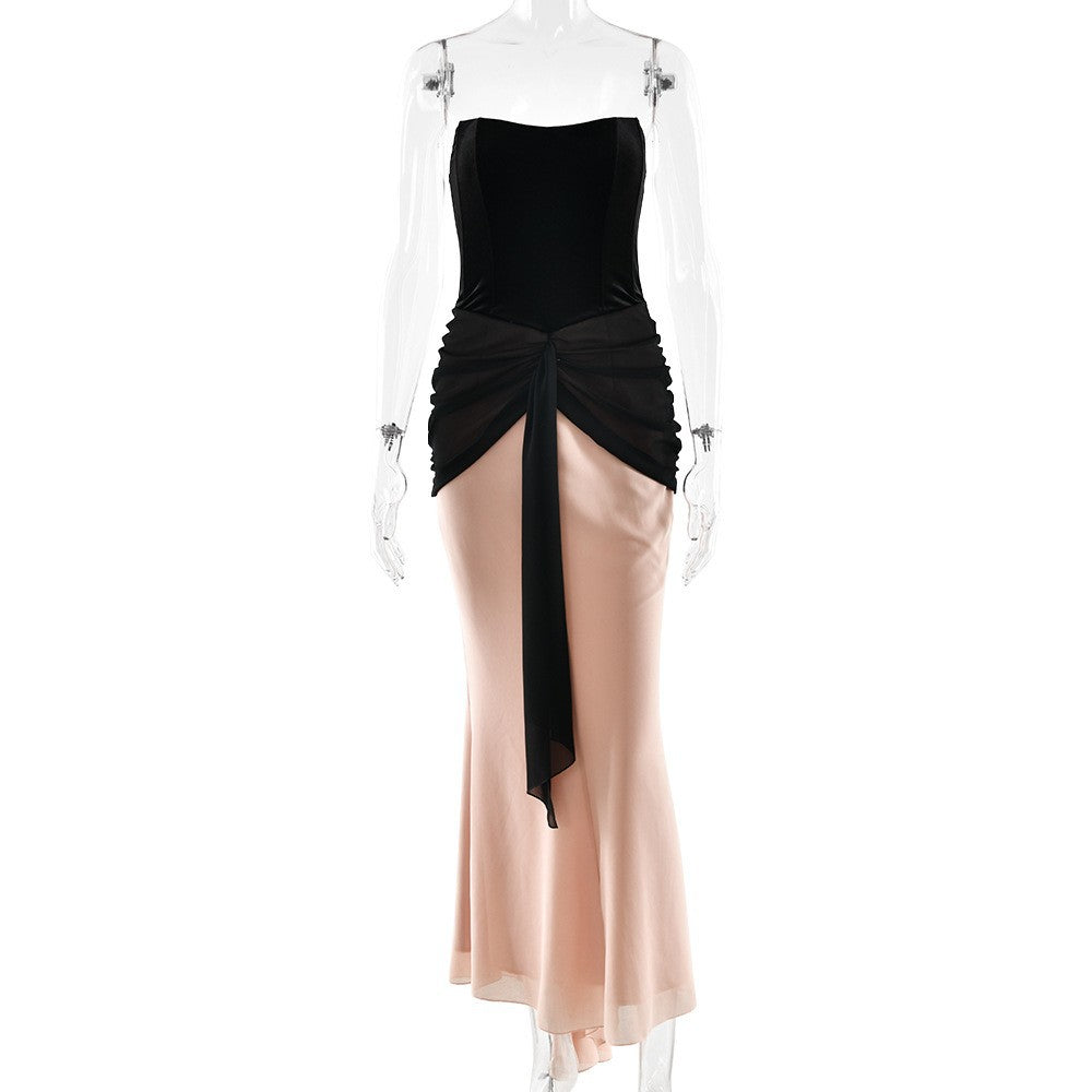 Pleated Ribbon Slim Fit High Waist Dress Sexy Wrapped Chest Waist Color Contrast Patchwork Dress