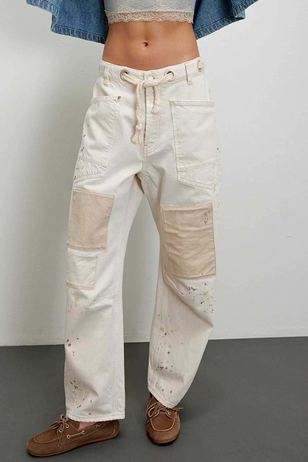 Eight Colors Retro Washed Stitching Patchwork Splash Ink Straight Drawstring