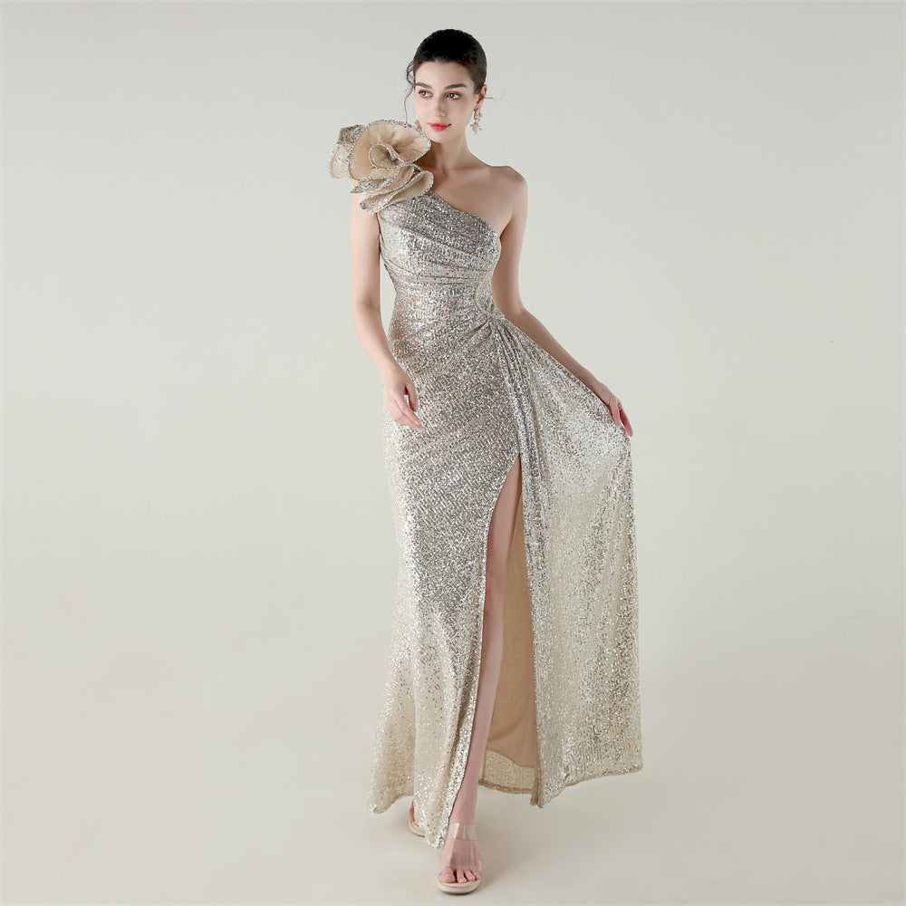 One Shoulder Sequin Craft Floral Beaded Slim Fishtail Evening Dress Award Ceremony High End Social Dress